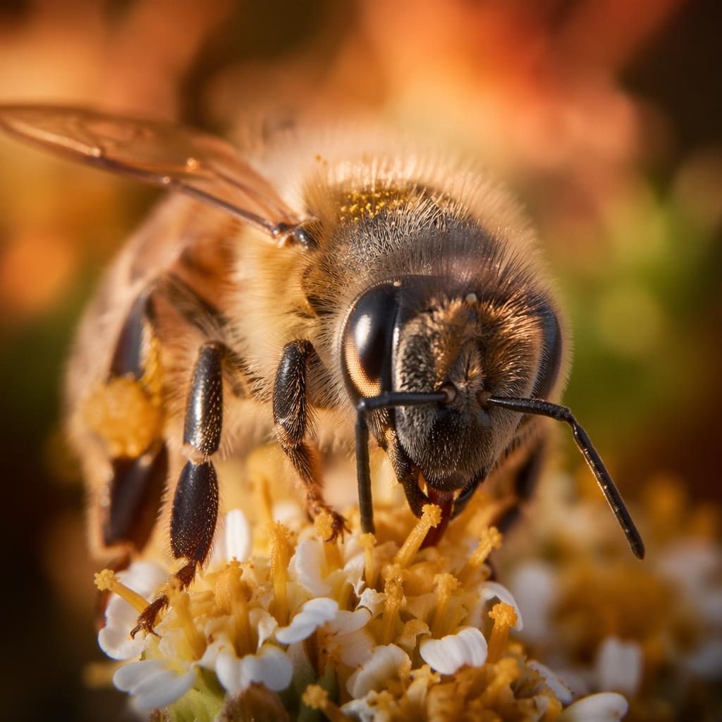 Extreme macro close-up of a bee’s face in golden hour light with shallow focus, creamy bokeh, and warm earth tones.