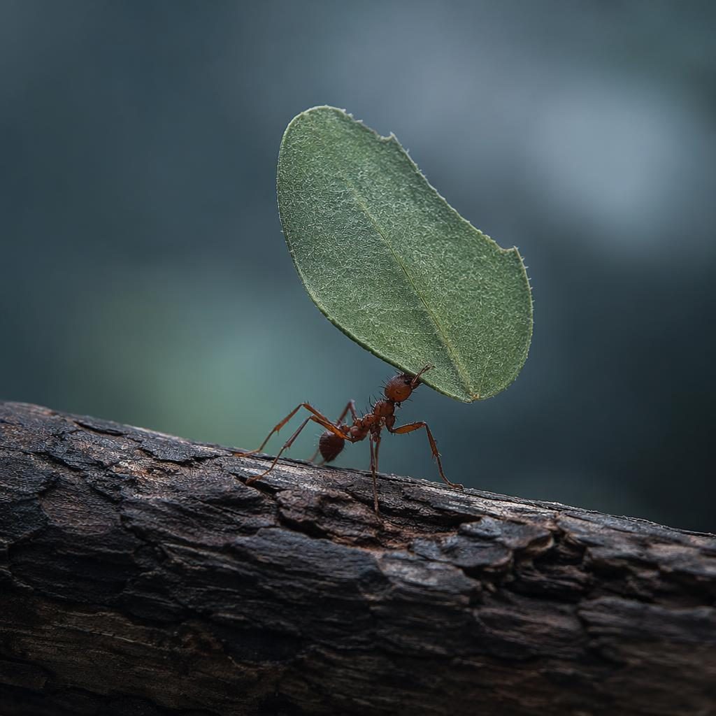 Macro close-up of a biologically accurate ant carrying a leaf, with cool blue tones and shallow depth of field