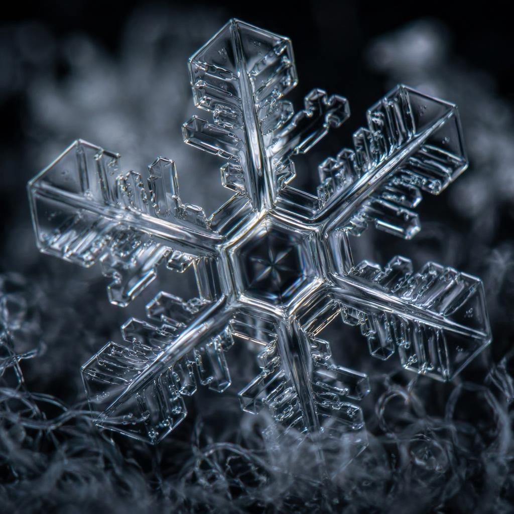 Macro close-up of an ice crystal under a microscope with sharp geometric texture and soft studio lighting.