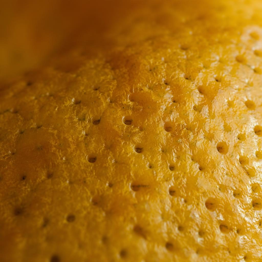 Macro close-up of fruit peel pores in golden hour light with shallow depth of field and warm earth tones.