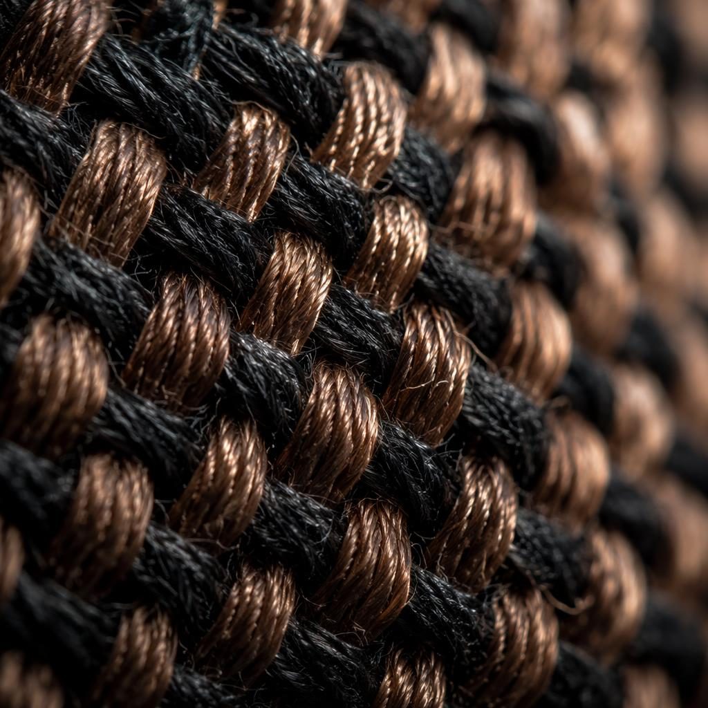 Macro close-up of fabric weave threads with moody high-contrast lighting and ultra-shallow depth of field.