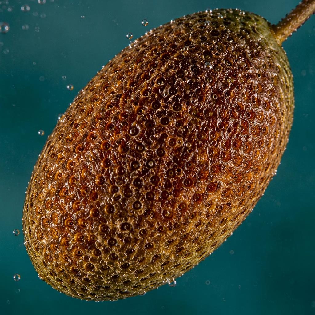 Extreme macro close-up of fruit peel pores with seed-like texture, shown in soft studio lighting with crisp focus.