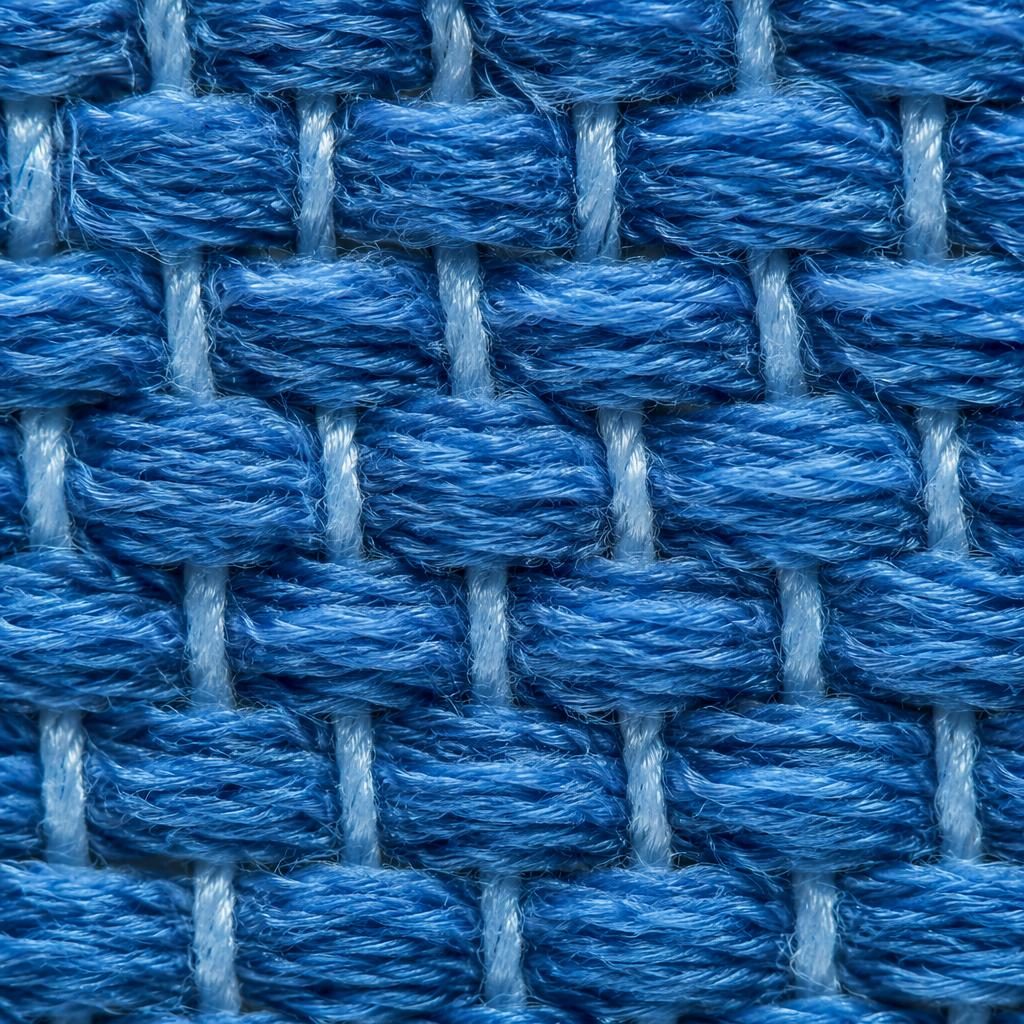 Extreme macro close-up of blue fabric weave threads with sharp magnified texture and diffused lighting.