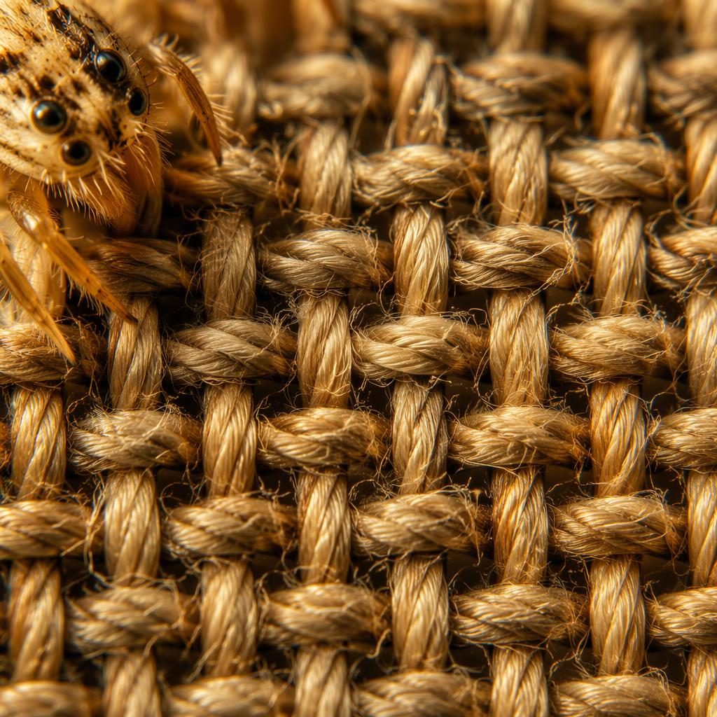 Macro close-up of fabric weave threads in warm golden hour light, focus stacked with sharp magnified texture.