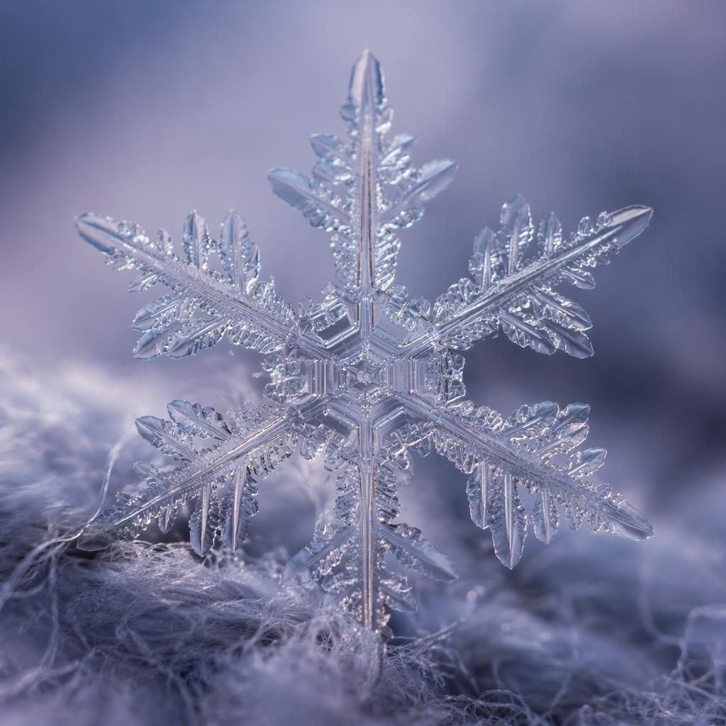 Gros plan macro d’un cristal de flocon de neige, net et détaillé, éclairé en anneau sur fond pastel doux