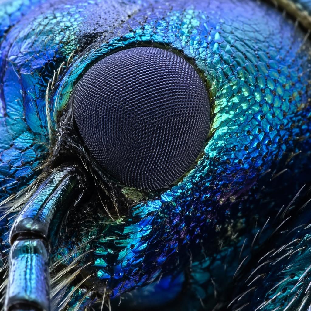 Macro close-up of an iridescent beetle shell with crystal-like blue texture in sharp museum-grade detail.