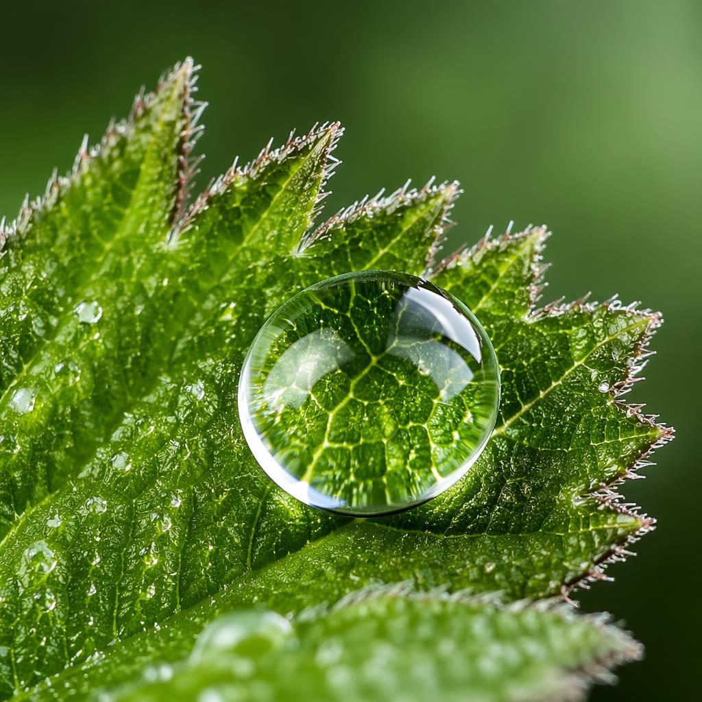 Makroaufnahme eines Tautropfens auf einem Blatt mit gestochen scharfen Details, weichem Studiolicht und satten Farben