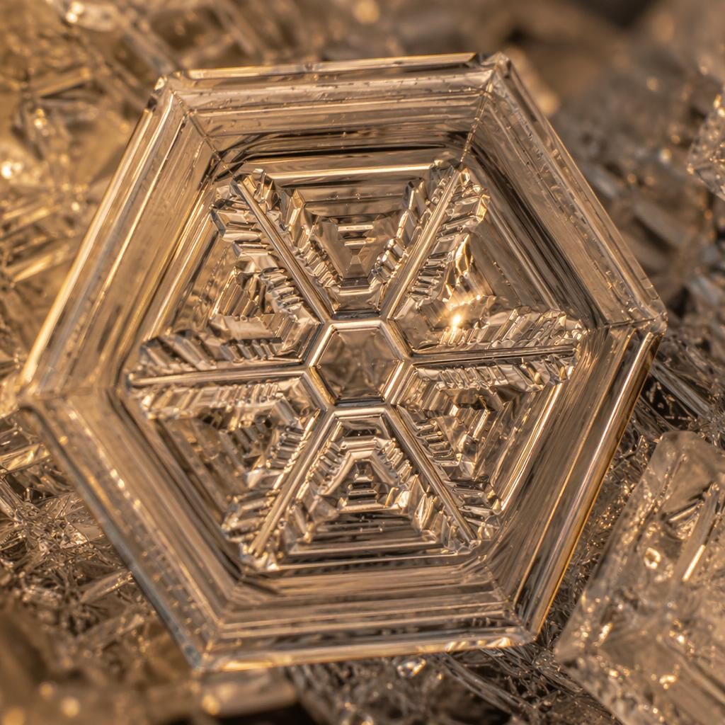 Macro close-up of an ice crystal under a microscope, sharply detailed with warm golden light and focus-stacked clarity