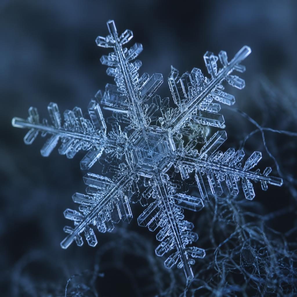 Primer plano macro de un cristal de copo de nieve azul, con detalle extremo, luz difusa y fondo suave desenfocado.