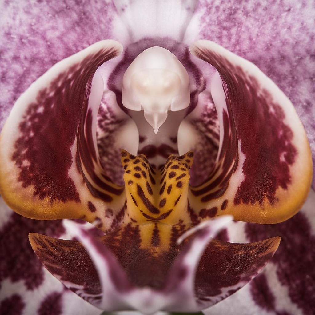Macro close-up of an orchid throat with snowflake-like ice crystals, soft studio light and richly saturated detail