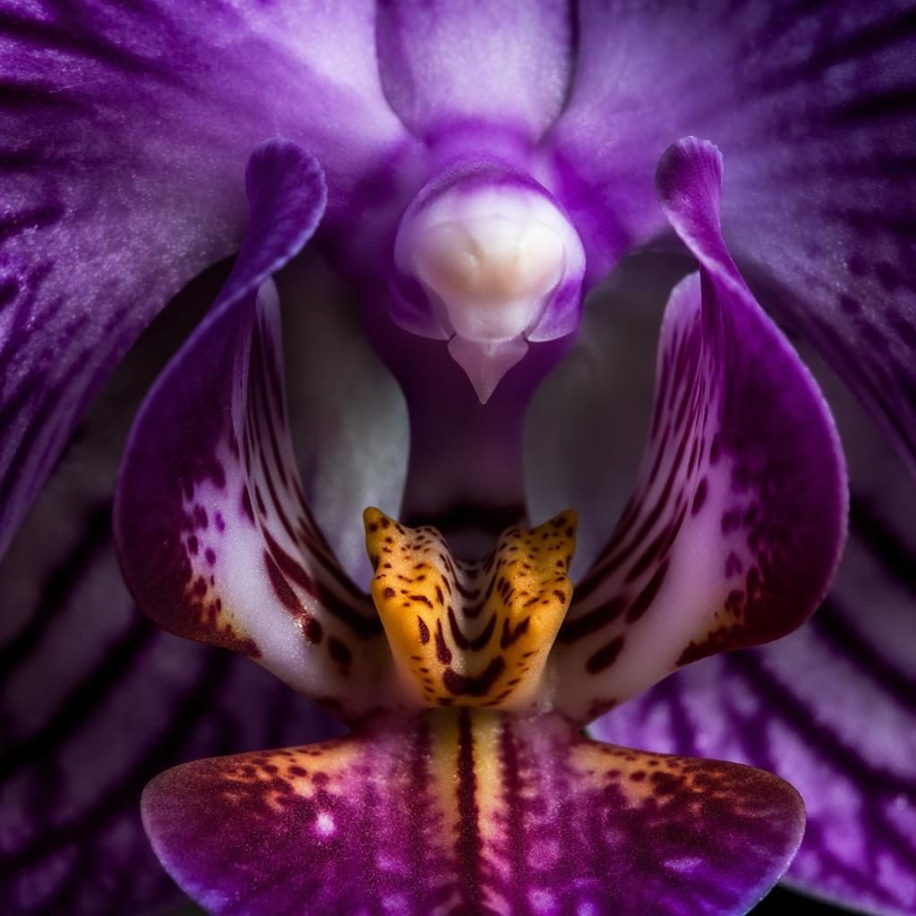Macro close-up of an orchid throat with snowflake-like ice textures, dramatic moody lighting, and shallow depth of field