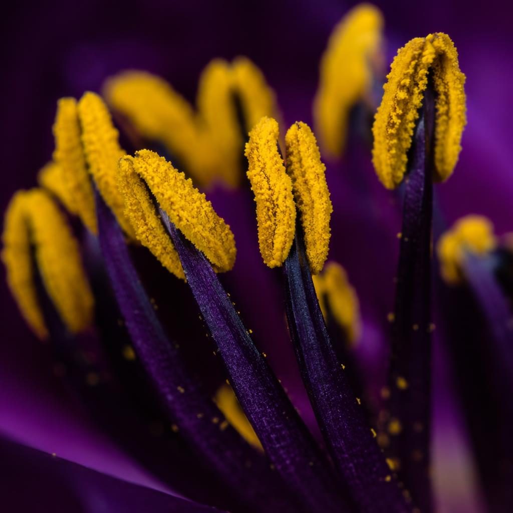 Macro close-up of flower stamen coated in pollen with moody lighting, creamy bokeh, and sharp magnified texture.