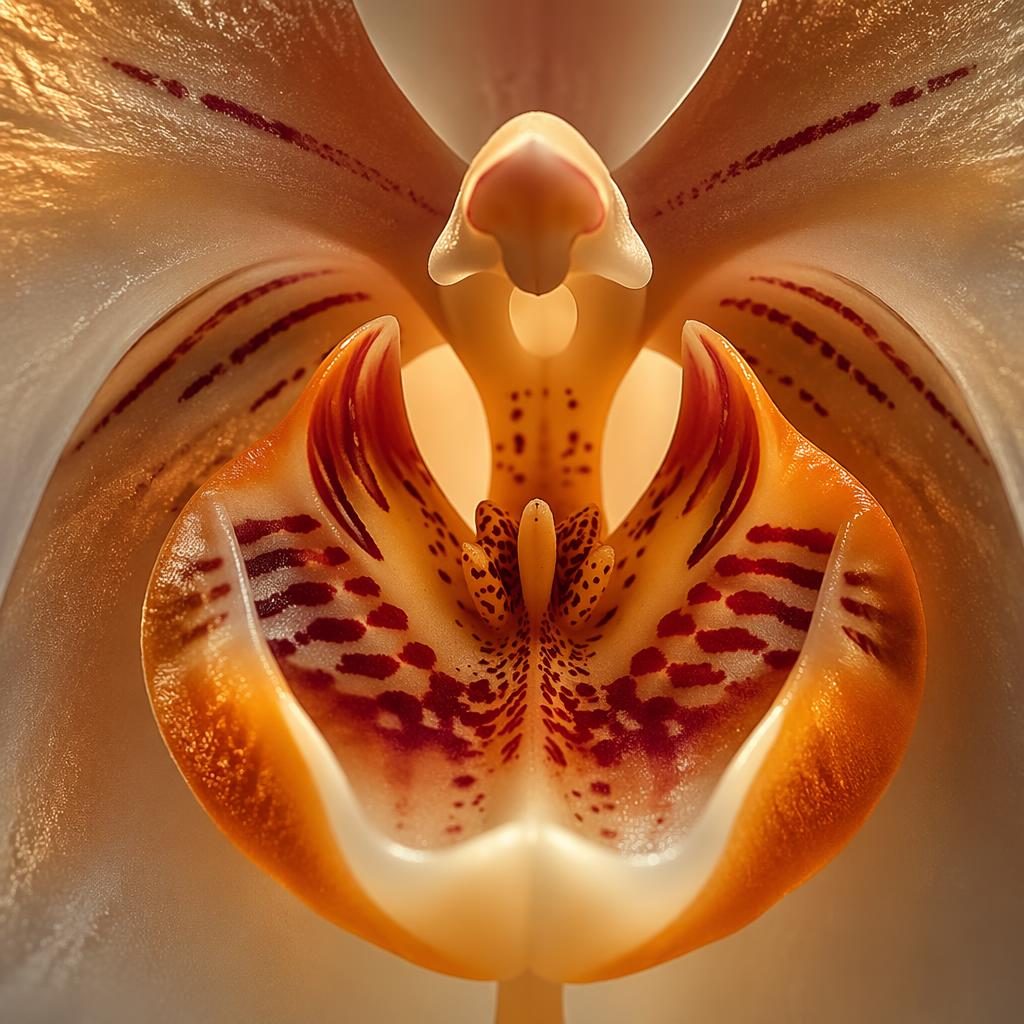 Macro close-up of an orchid throat with ice-like crystalline detail, warm golden hour light, and sharp magnified texture.