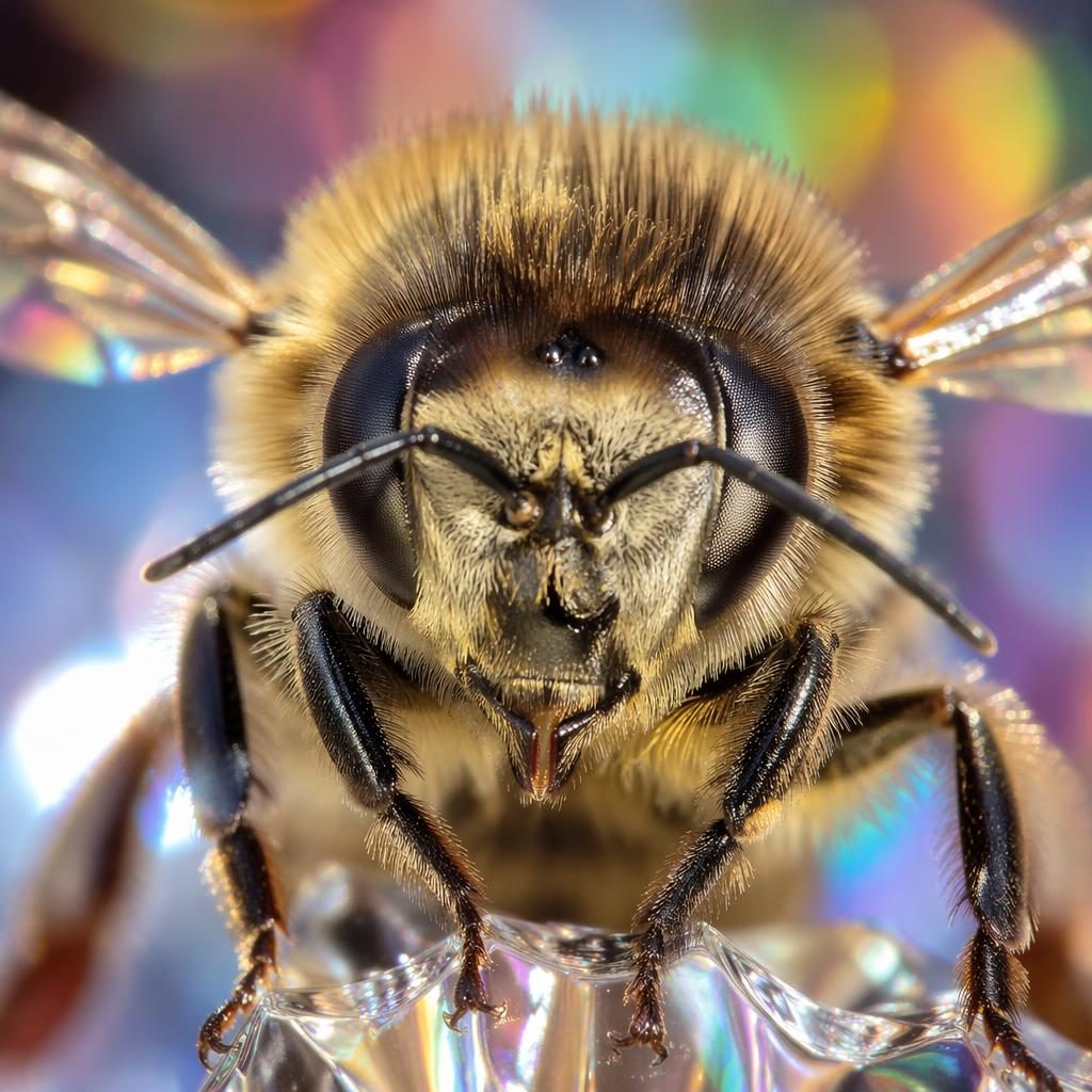 Macro close-up of a biologically accurate bee near its face, backlit with translucent light and creamy iridescent bokeh.