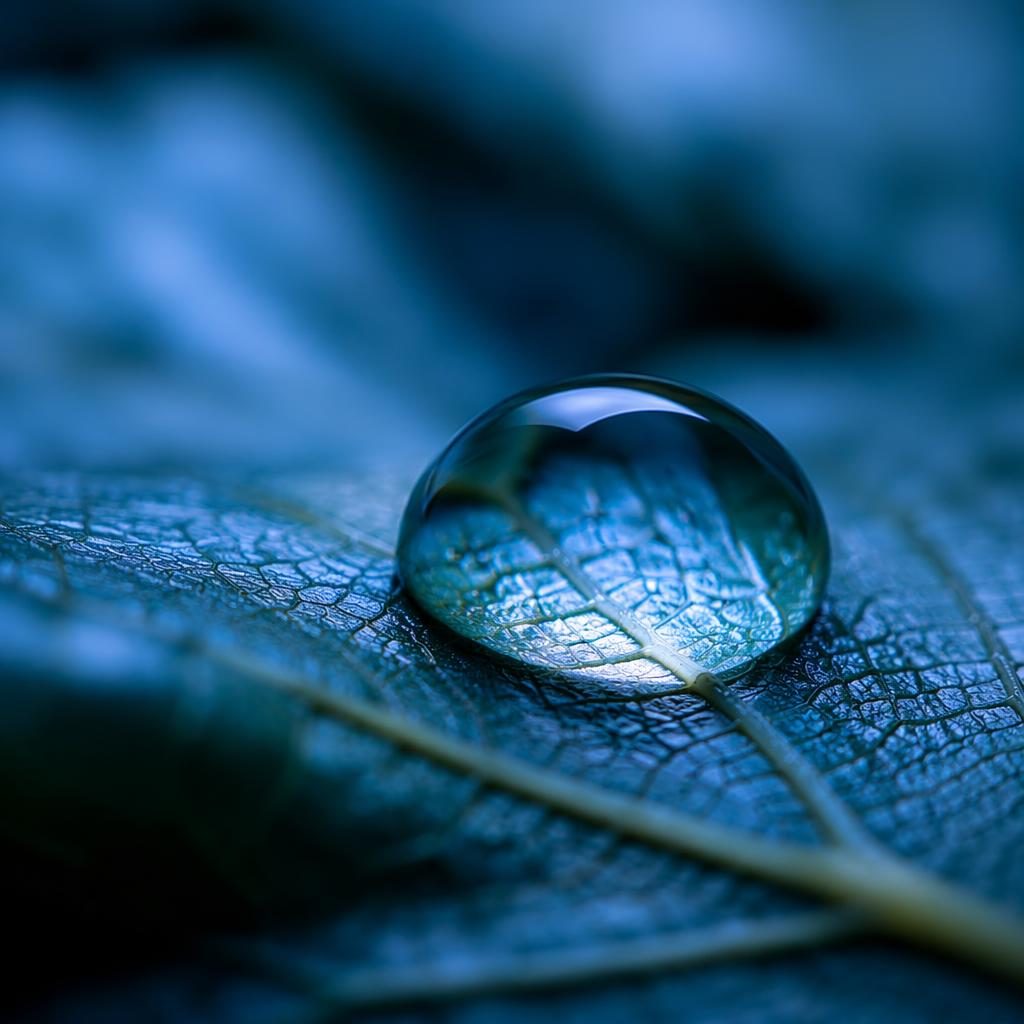 Macro close-up of a clear dew droplet resting on a leaf, with cool blue tones and creamy bokeh background.