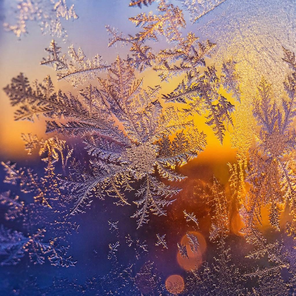 Macro close-up of frost and water droplets on a window, backlit with iridescent rainbow tones and shallow depth of field.