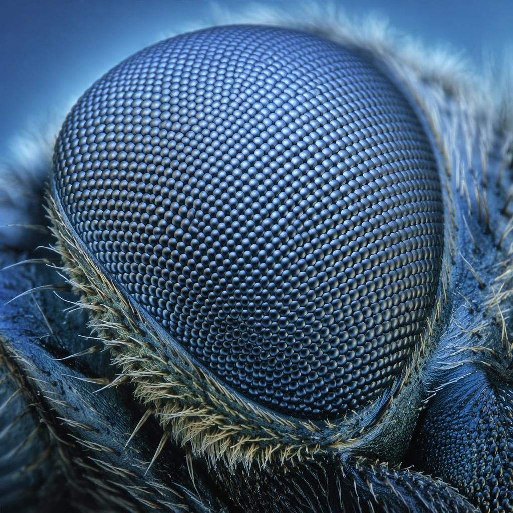 Macro close-up of a butterfly compound eye with cool blue tones, sharp focus-stacked detail and photoreal texture.