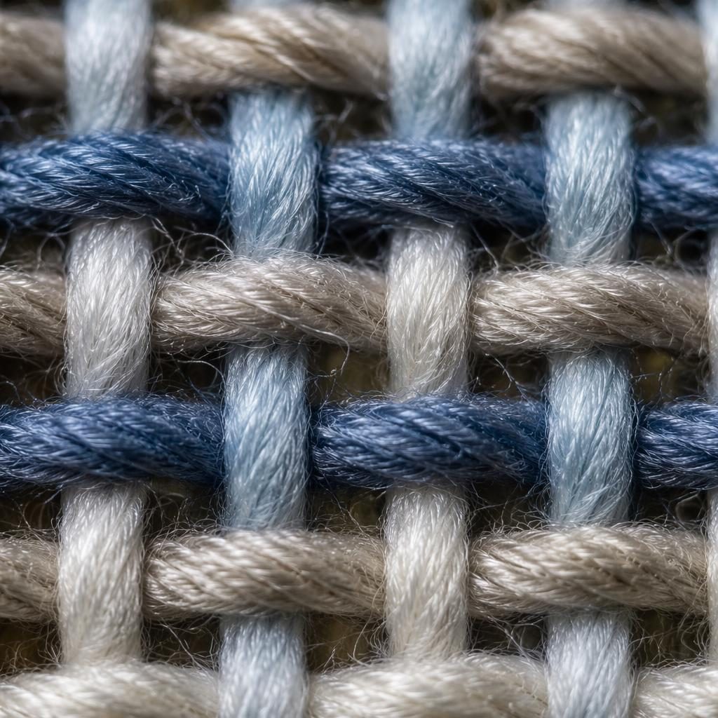 Extreme macro close-up of fabric weave threads with soft studio lighting and creamy bokeh, showing sharp textile texture.