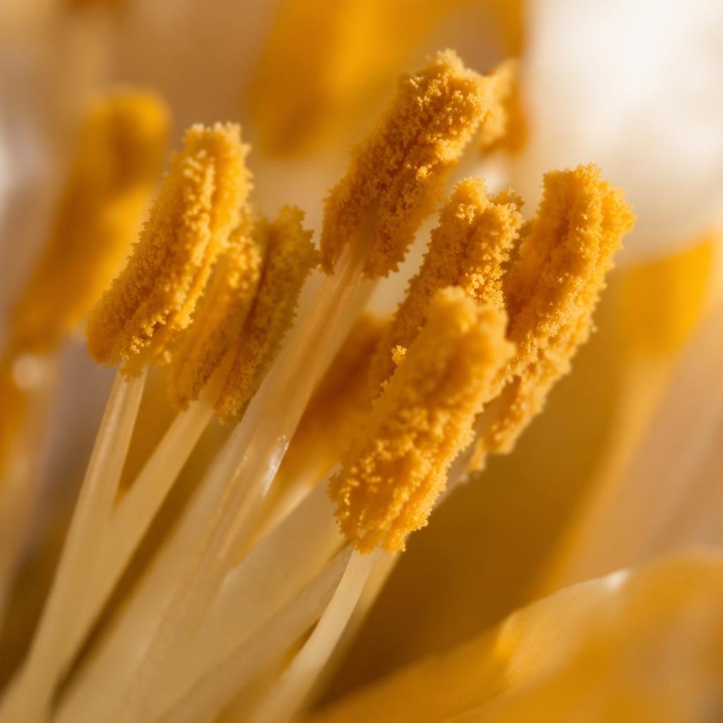 Macro close-up of flower stamen pollen with snowflake-like ice detail in warm golden hour light