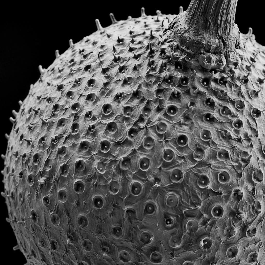 Macro close-up of fruit peel pores with ring light clarity, pastel tones, and full focus stacked detail.