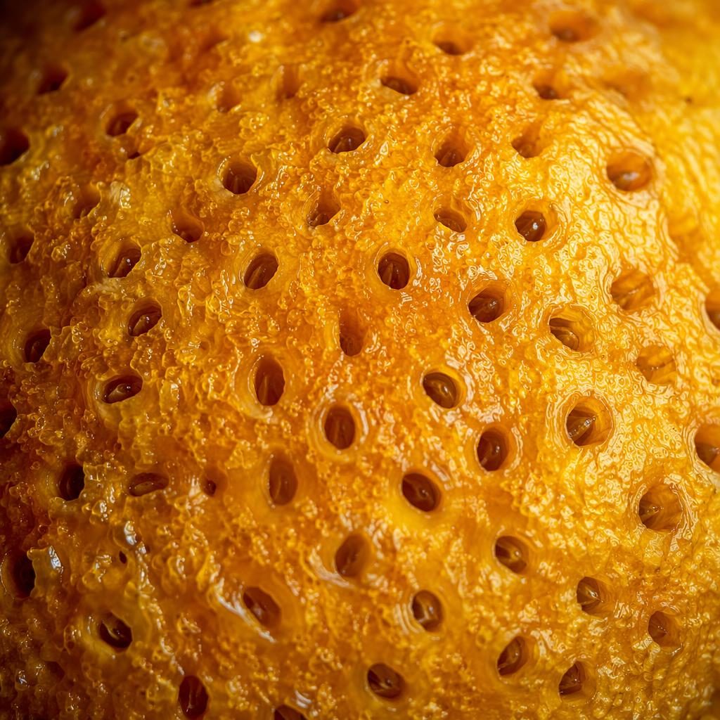 Macro close-up of fruit peel pores with crystal-like texture, high-contrast moody lighting, and sharp focus throughout.
