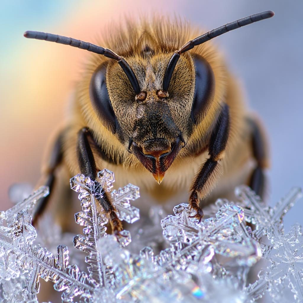 Macro close-up of a bee’s face with translucent snowflakes, backlit glow, iridescent rainbow tones, and sharp detail.