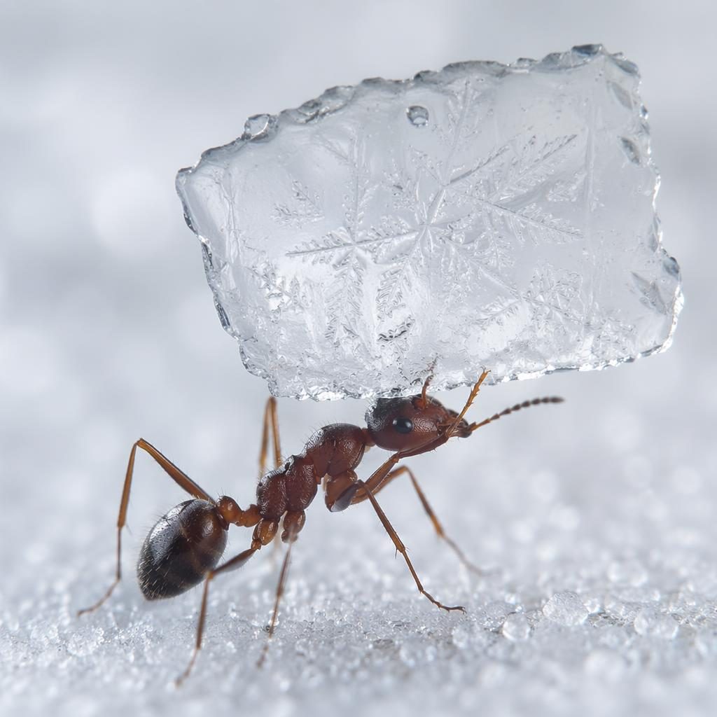 Macro close-up of an ant carrying a leaf across icy snowflake texture, lit by a ring light with soft pastel tones.