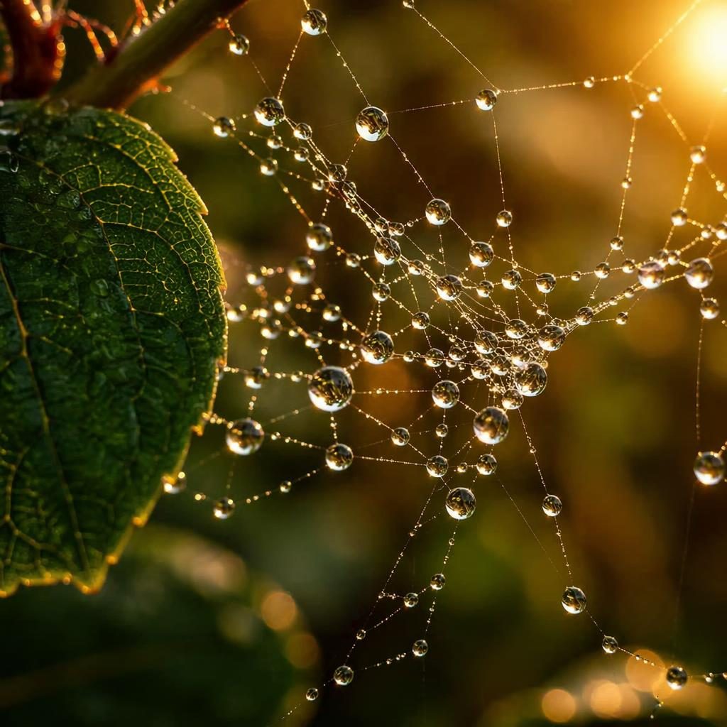 Macro close-up of morning dewdrops on a spider web among leaves and petals in soft golden hour light.