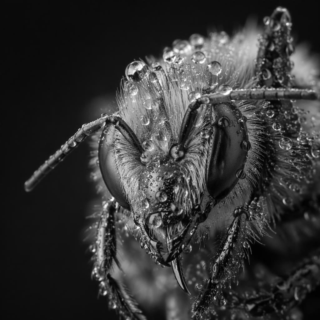 Black and white macro close-up of a bee’s face with sharp water droplets, dramatic side light, and ultra-shallow focus.