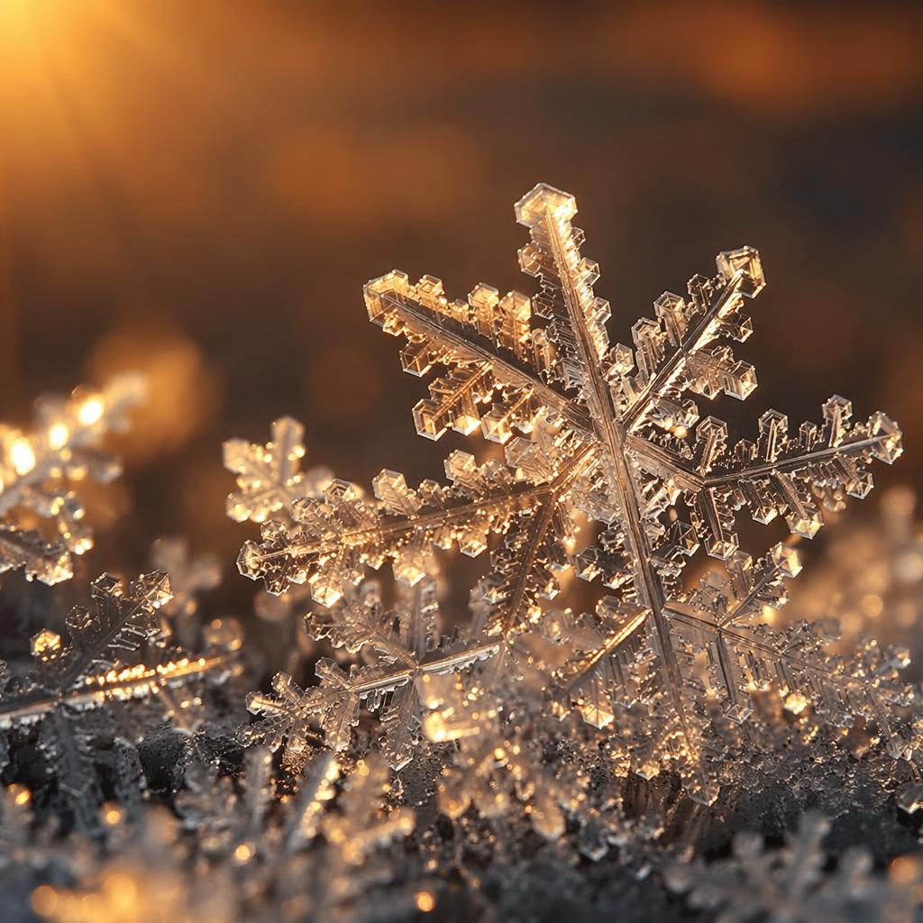 Macro close-up of ice crystal facets glowing in golden hour light with shallow depth of field and warm earthy tones.