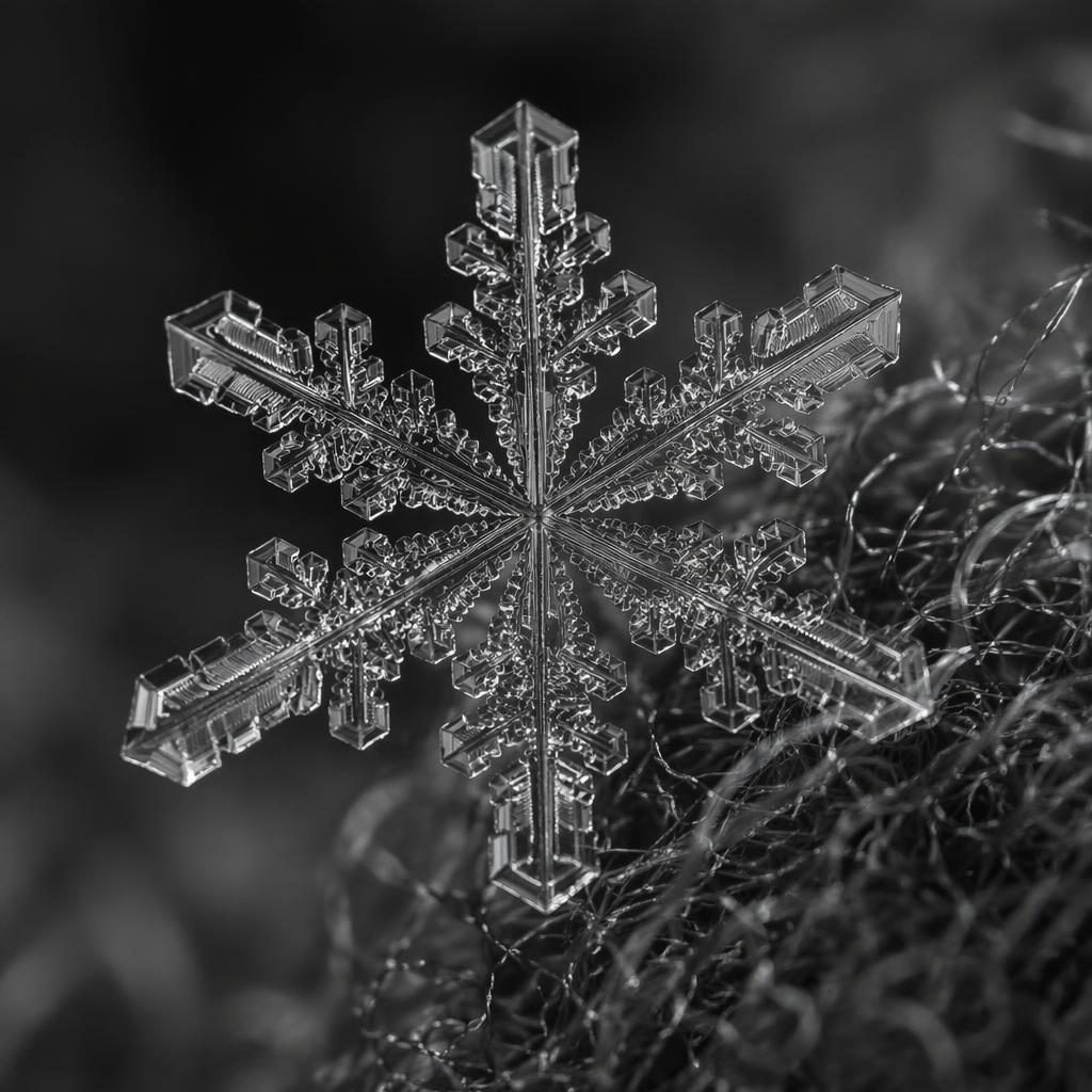 Black and white macro close-up of an ice crystal under a microscope with dramatic side light and creamy bokeh.