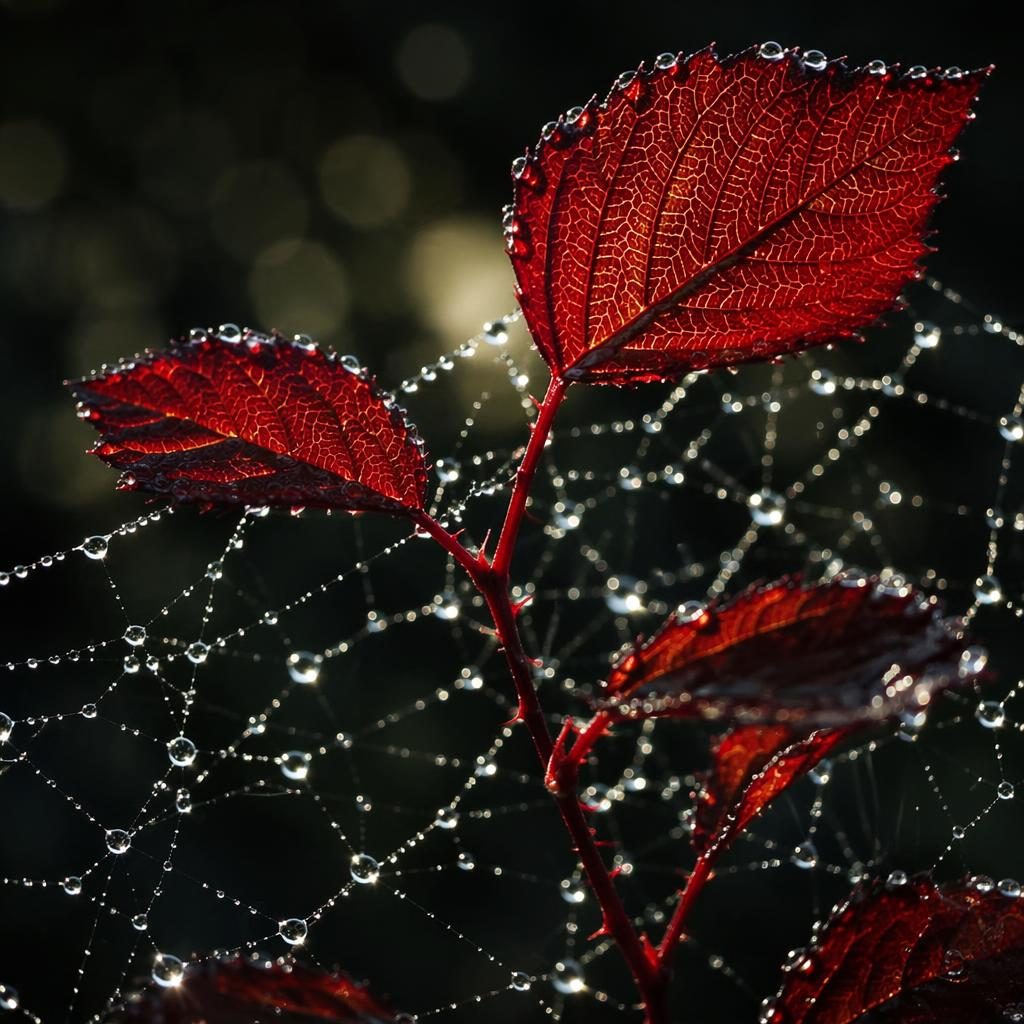 Macro close-up of a morning spider web stretched across a leaf with moody high-contrast lighting and shallow depth of field.