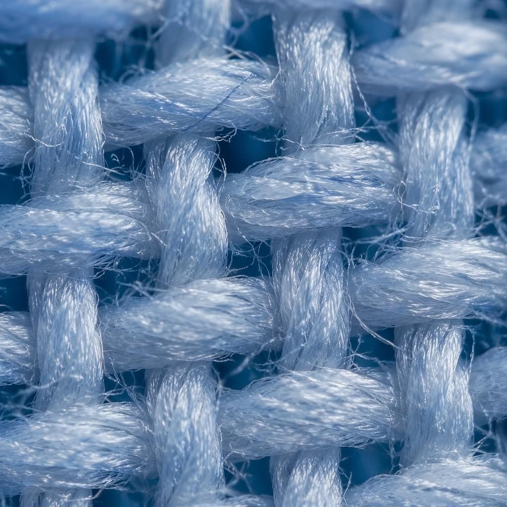 Macro close-up of cool blue fabric weave threads with sharp focus-stacked detail and photoreal texture.