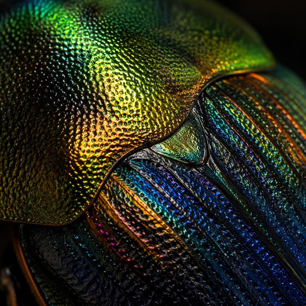 Macro close-up of a beetle iridescent shell with vivid textured detail, moody high-contrast lighting, and sharp clarity.