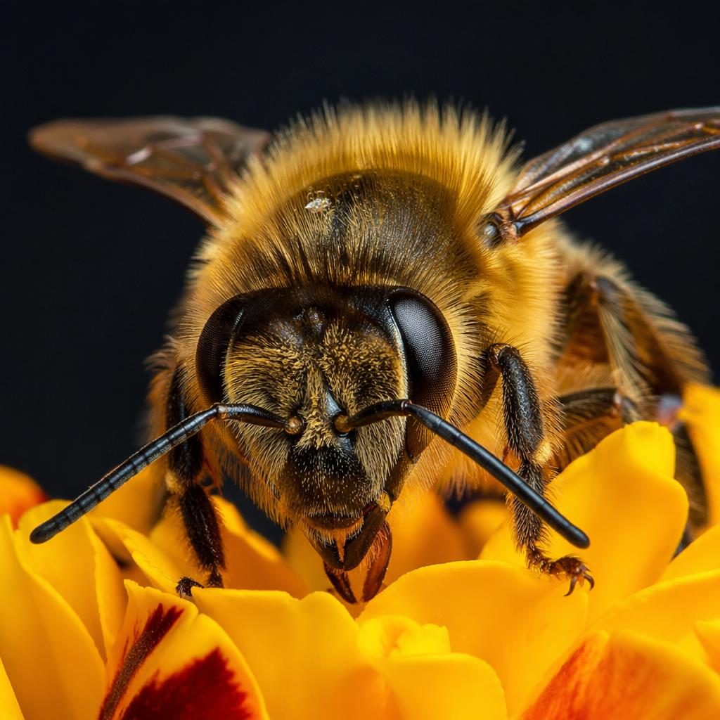 Macro close-up of a bee’s face among petals and leaves with moody high-contrast flash lighting and sharp detail.