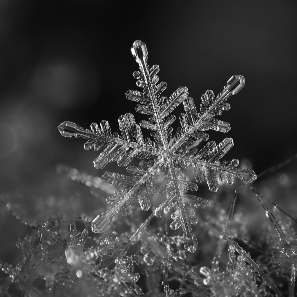 Macro close-up of a snowflake crystal in black and white with dramatic side light and creamy bokeh