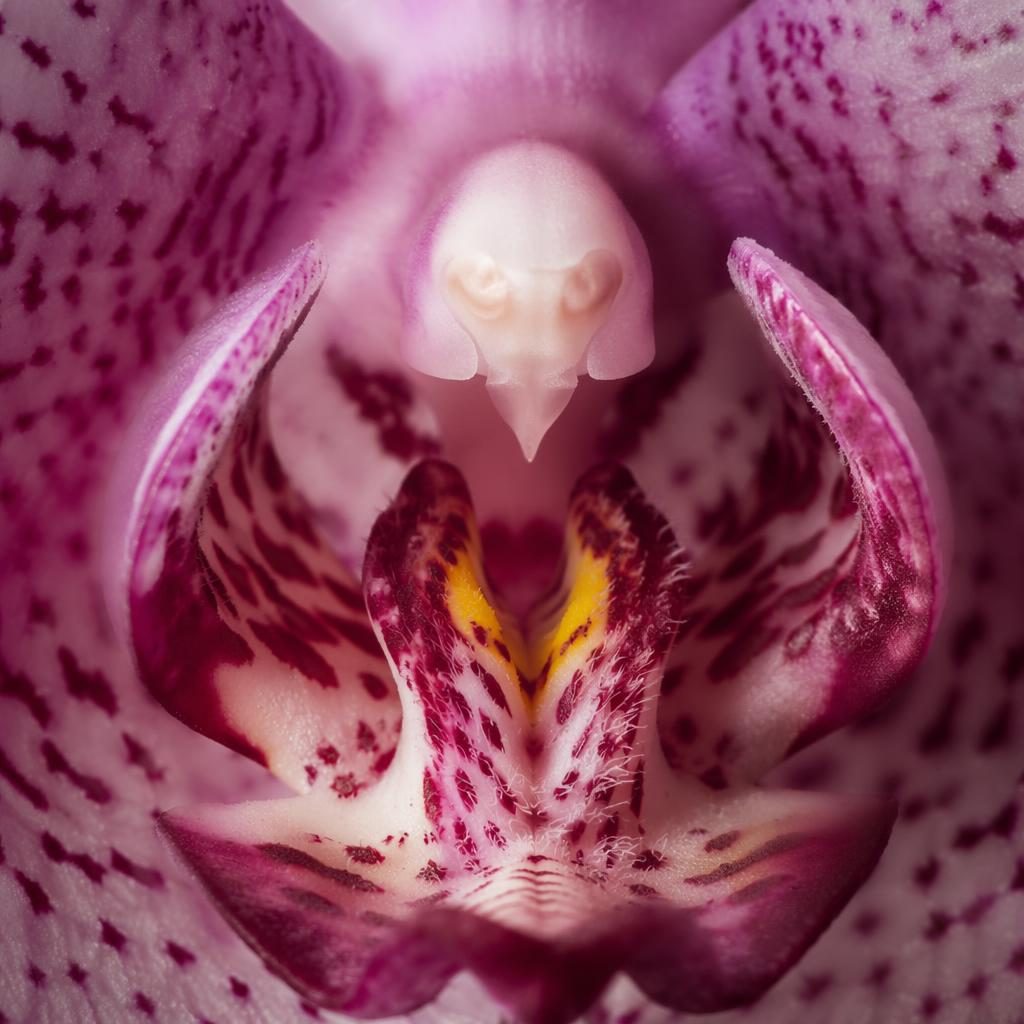 Extreme macro close-up of an orchid throat with feather-like textures, soft studio light, and very shallow depth of field.