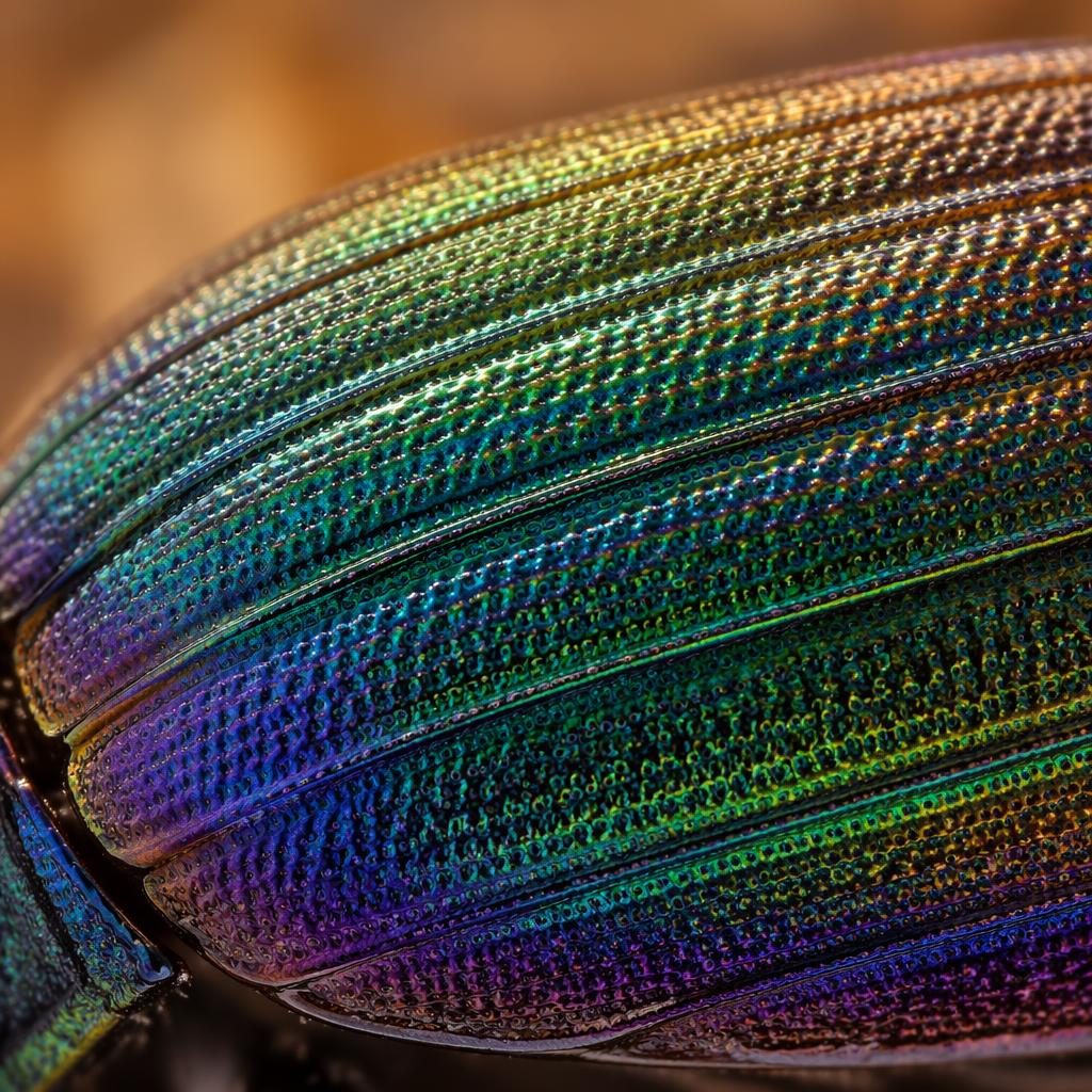 Macro close-up of a beetle iridescent shell with crystal-like texture, warm golden hour light, and sharp focus.
