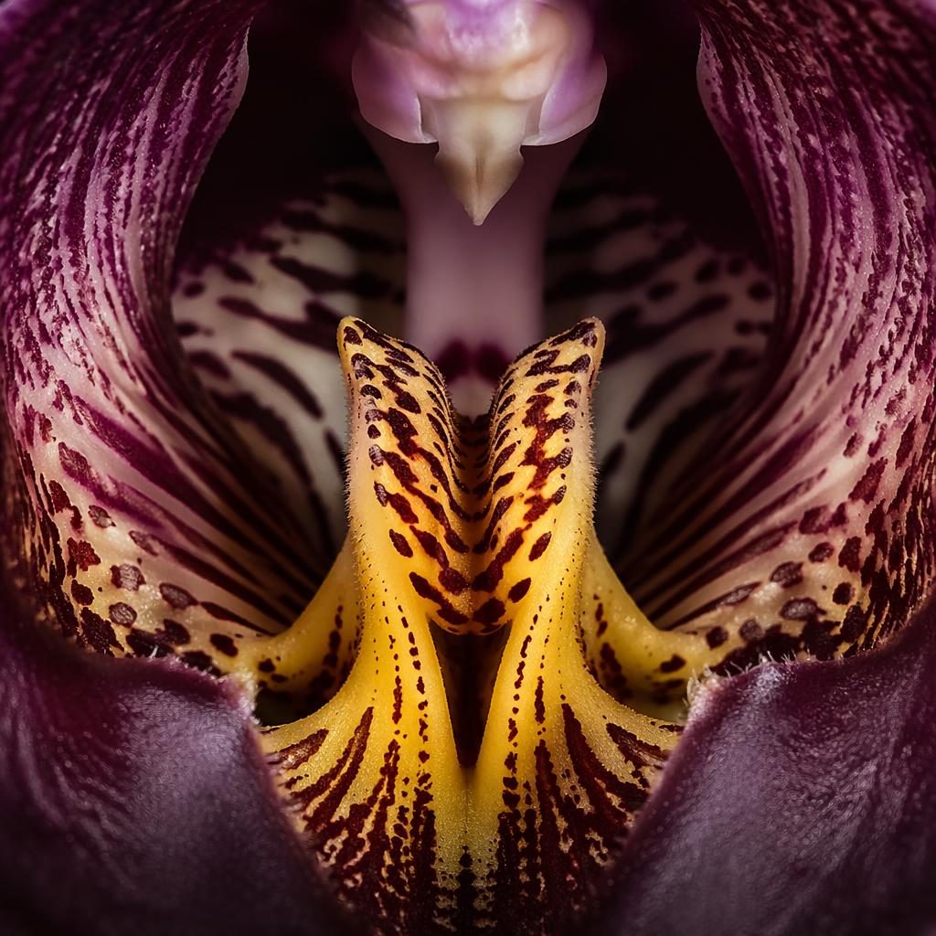 Macro close-up of an orchid throat with bold high-contrast lighting and sharply detailed magnified texture.