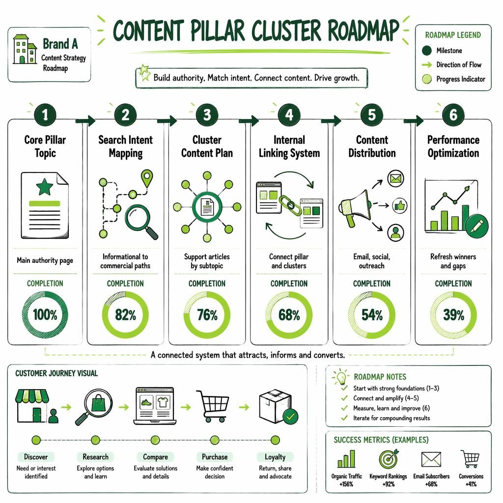 Whiteboard-style roadmap infographic with 6 green blocks, arrows, icons, metrics, and captions for a content pillar cluster plan.
