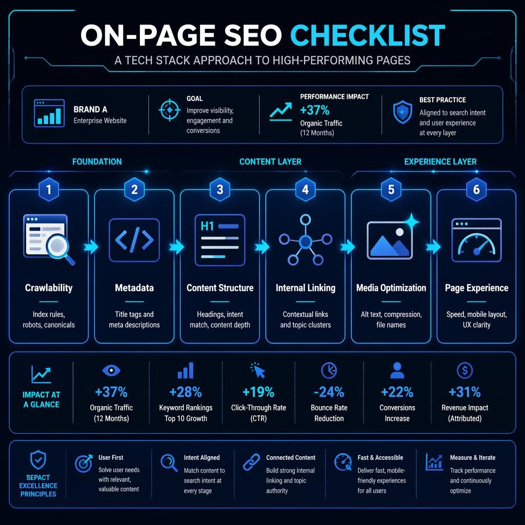 Blue neon tech stack infographic with 6 connected blocks for crawlability, metadata, content structure, linking, media, and UX.