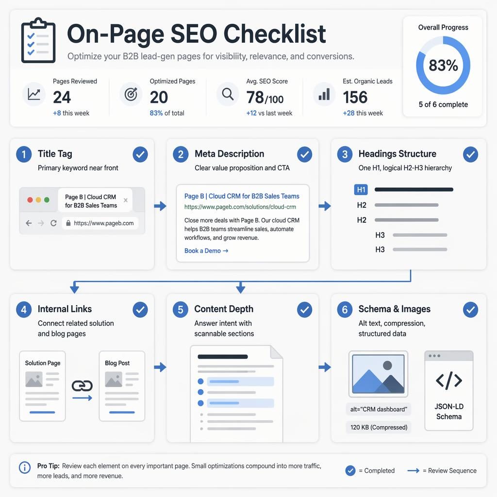 Modern 2x3 dashboard infographic showing six on-page SEO checklist cards with icons, captions, and slate blue flow arrows.