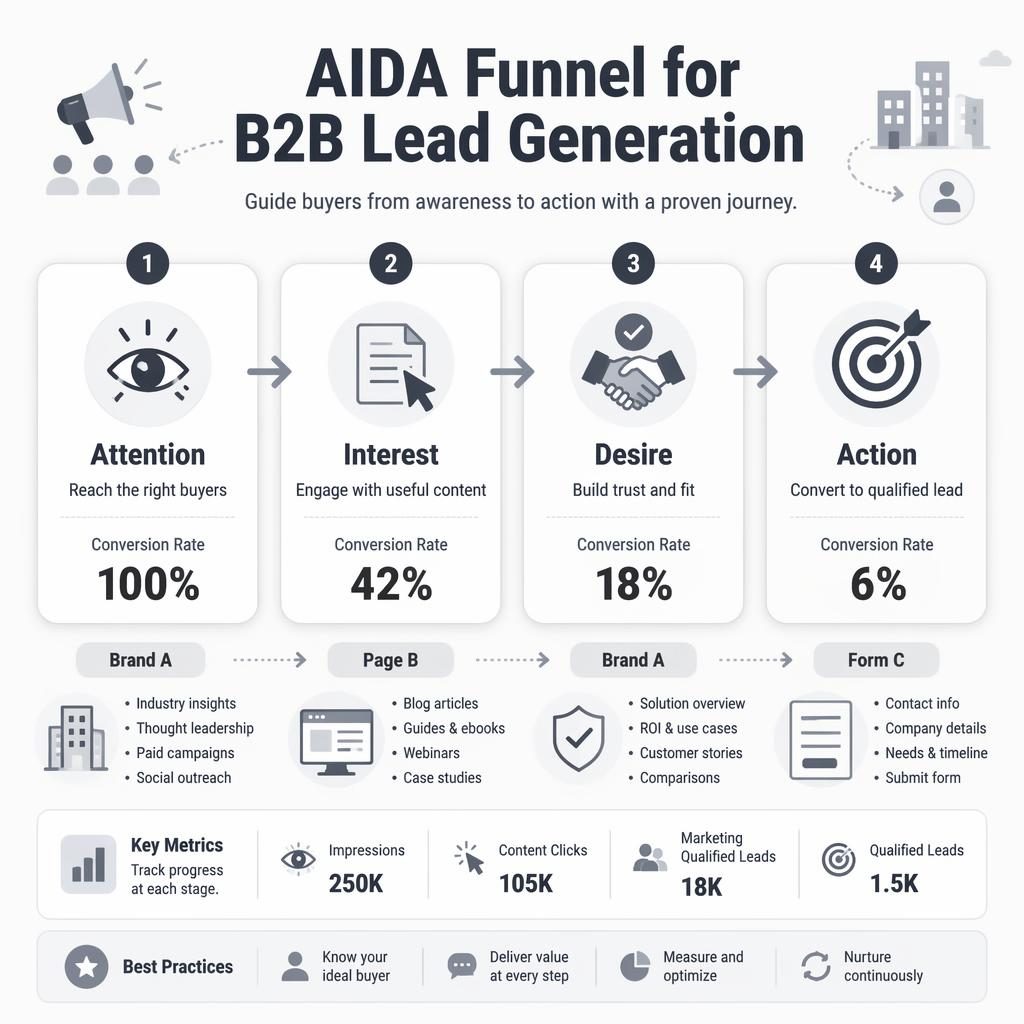 Monochrome soft-UI infographic showing a 4-stage AIDA funnel roadmap for B2B lead generation with icons, metrics, arrows, and placeholders.