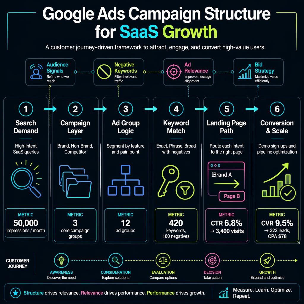 Dark-mode SaaS Google Ads journey infographic with 6 connected stages, neon icons, arrows, metrics, and optimization callouts.
