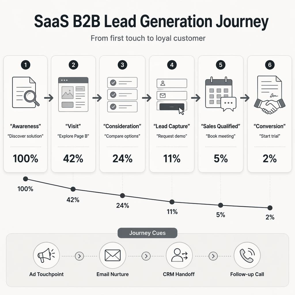 Horizontal SaaS B2B journey mapping infographic with 6 rounded stages, icons, captions, percentages, and flow arrows.