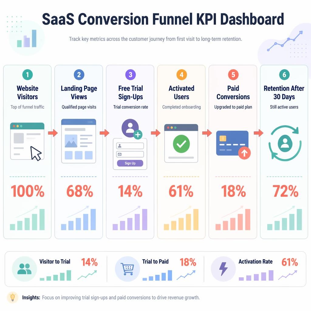 Modern SaaS funnel KPI dashboard infographic with 6 connected metric cards, pastel icons, arrows, and bottom summary pills.
