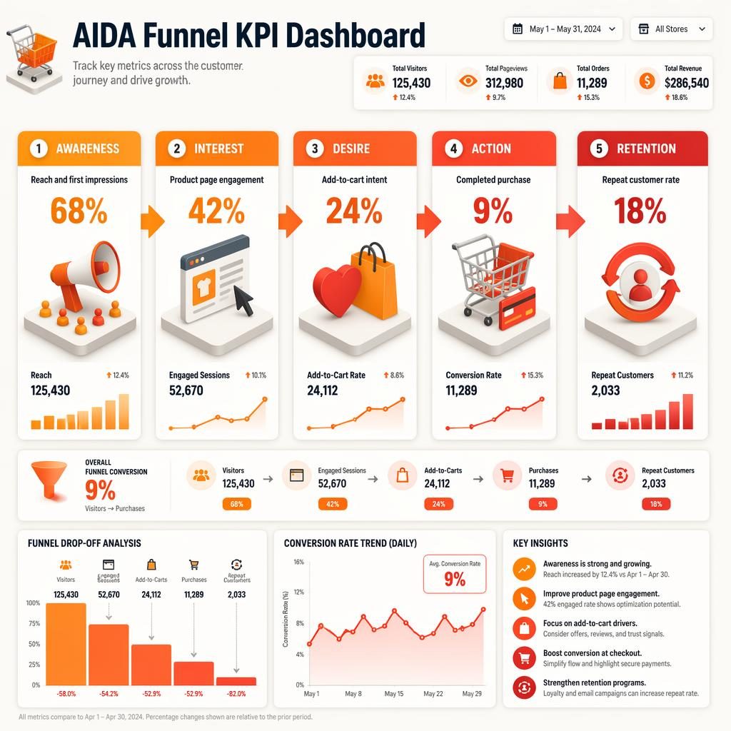 Isometric e-commerce dashboard with 5 connected AIDA funnel KPI cards: Awareness 68%, Interest 42%, Desire 24%, Action 9%, Retention 18%.
