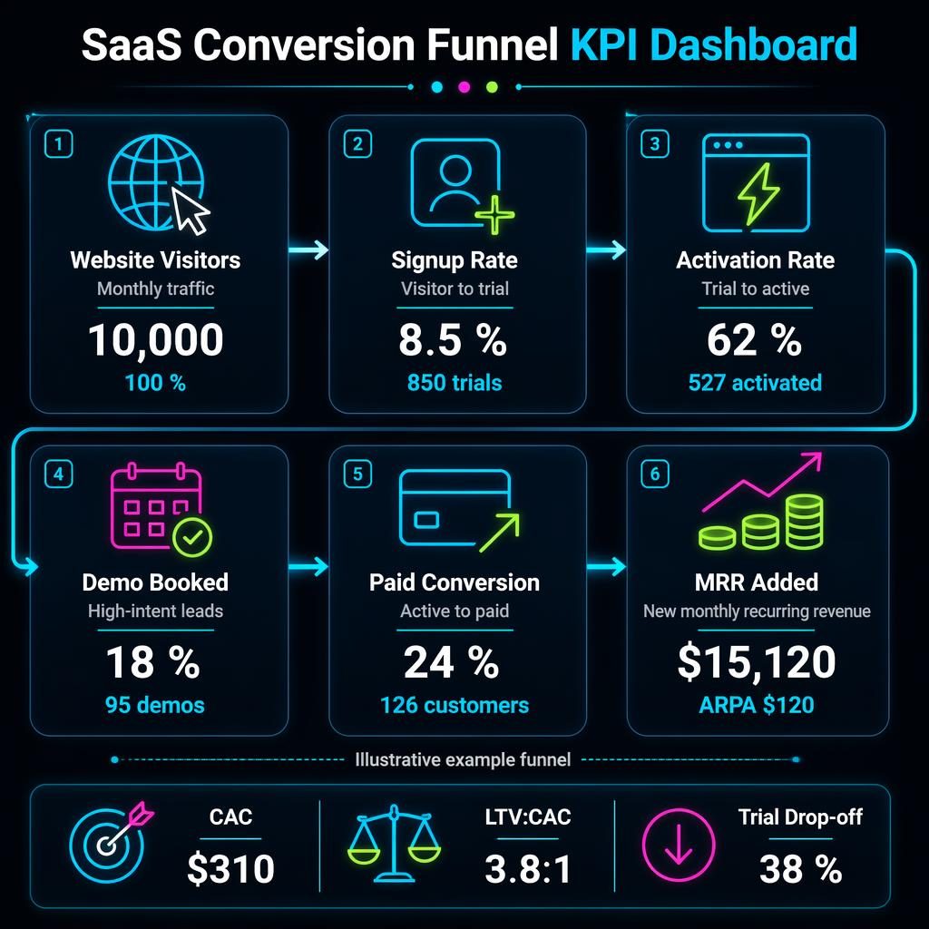Dark-mode SaaS KPI dashboard infographic with 6 funnel blocks, neon arrows, side metrics, and MRR growth visuals.