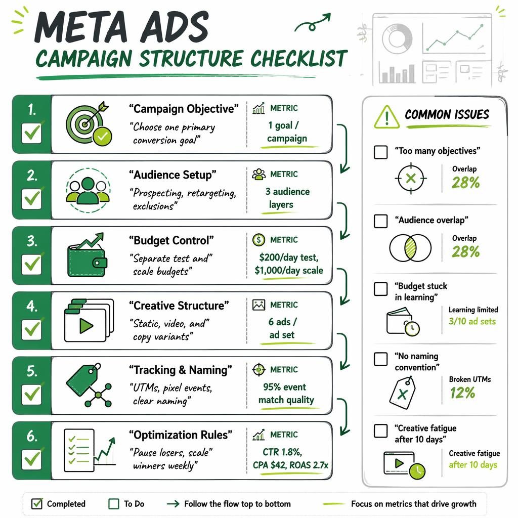 Vertical Meta Ads campaign checklist infographic with 6 blocks, metrics, icons, flow arrows, and a Common Issues panel.