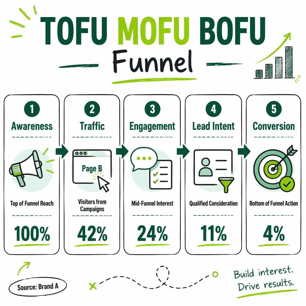 Horizontal TOFU MOFU BOFU funnel infographic with 5 green stages, arrows, percentages, icons, and whiteboard sketch accents.